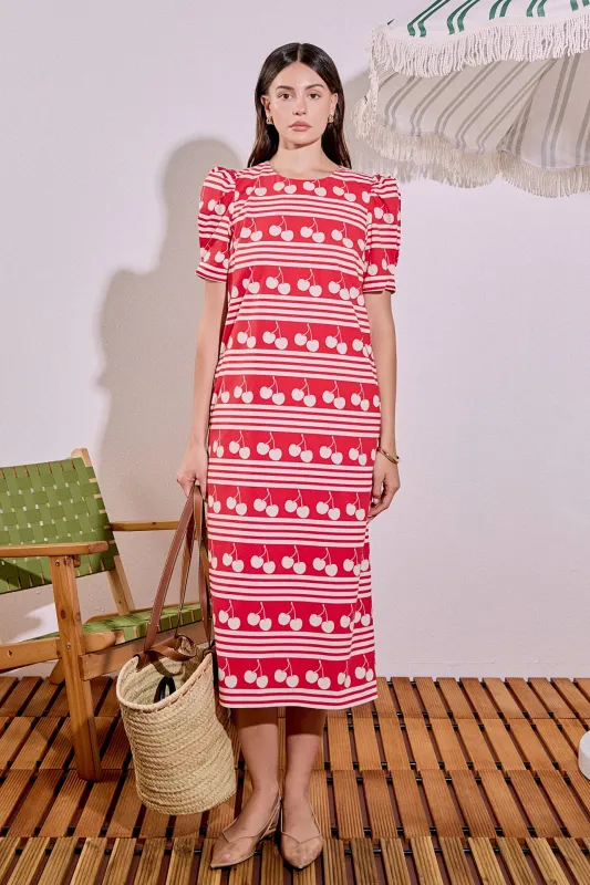 Cherry Stripe Printed Midi Dress made by English Factory