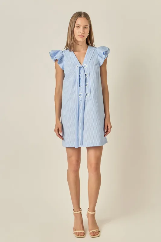 Lace-Up Seersucker Mini Dress made by English Factory