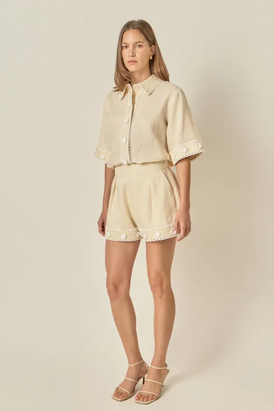 Fleur Trim Linen Shorts made by English Factory