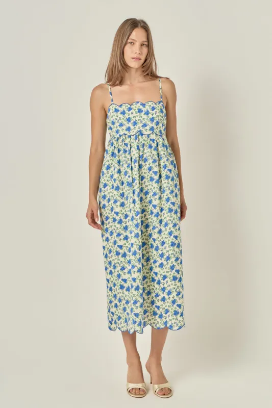 Ditsy Floral Scallop Detail Midi Dress made by English Factory