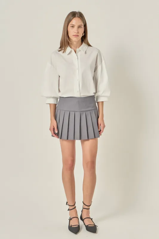 Lace Collar Balloon Sleeve Button-Up Shirt made by English Factory