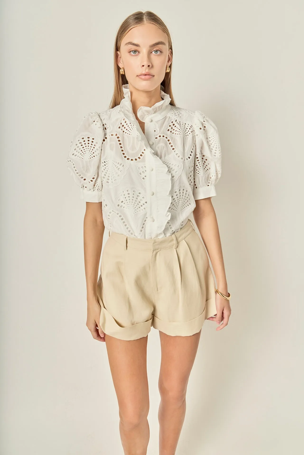 Eyelet Embroidered Ruffle Short Sleeve Shirt sold by English Factory product image thumbnail 5