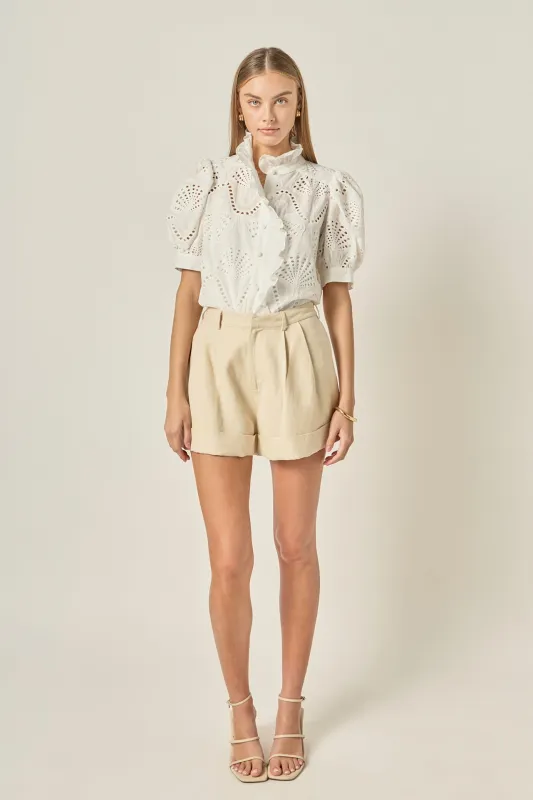 Eyelet Embroidered Ruffle Short Sleeve Shirt made by English Factory