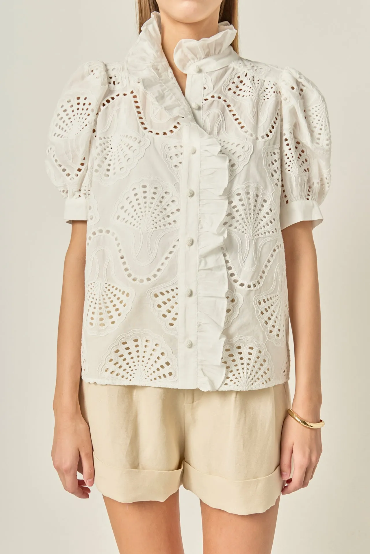 Eyelet Embroidered Ruffle Short Sleeve Shirt sold by English Factory product image thumbnail 2