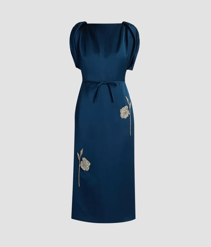 Embroidered Heavy Satin Short Sleeve Midi Dress sold by ERDEM