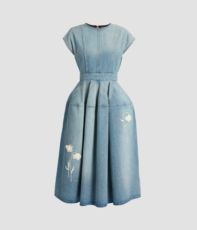 Embroidered Denim Short Sleeve Midi Dress sold by ERDEM