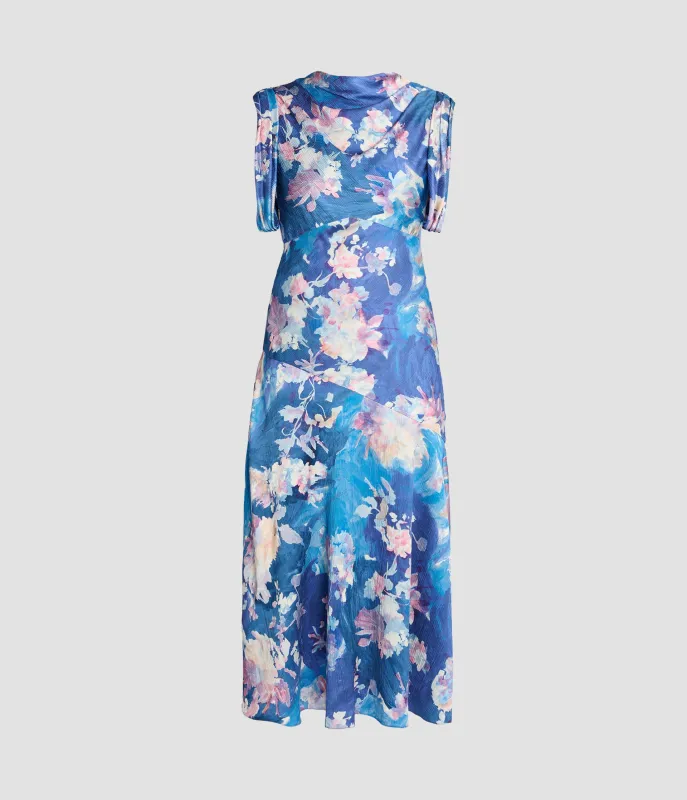 Floral Print Crinkle Satin Draped Midi Dress sold by ERDEM
