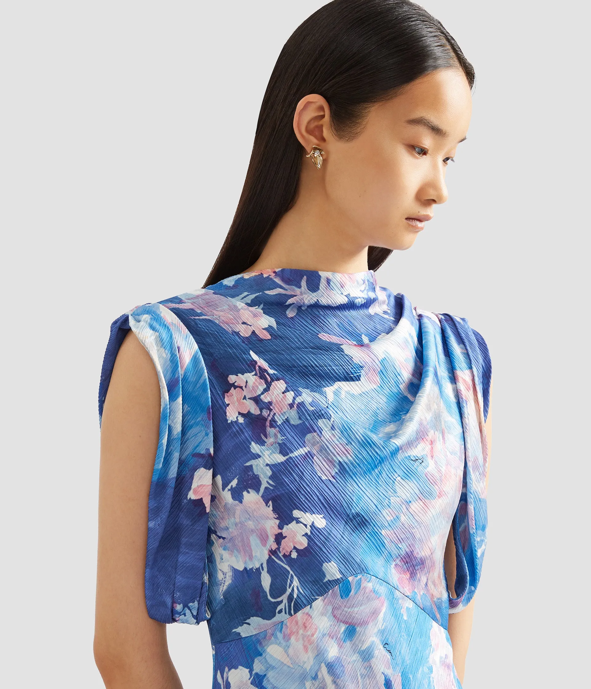 Floral Print Crinkle Satin Draped Midi Dress sold by ERDEM product image thumbnail 5