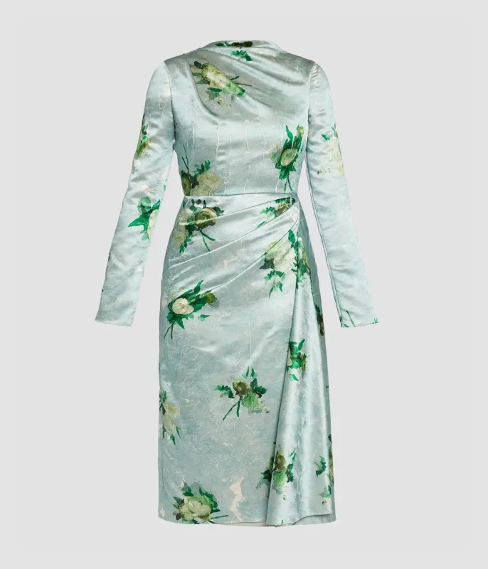 Floral Print Crushed Satin Draped Midi Dress sold by ERDEM