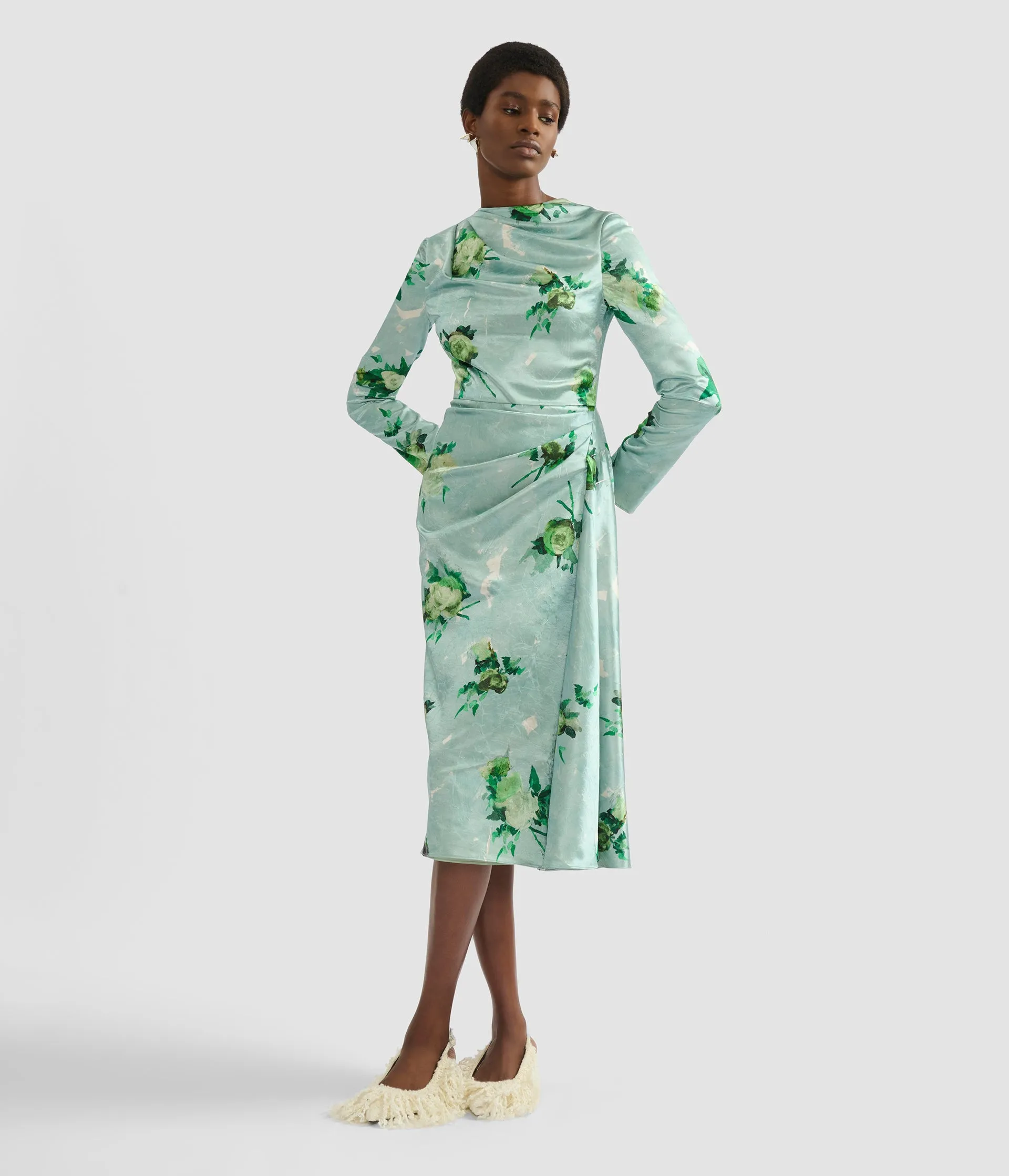 Floral Print Crushed Satin Draped Midi Dress sold by ERDEM product image thumbnail 2