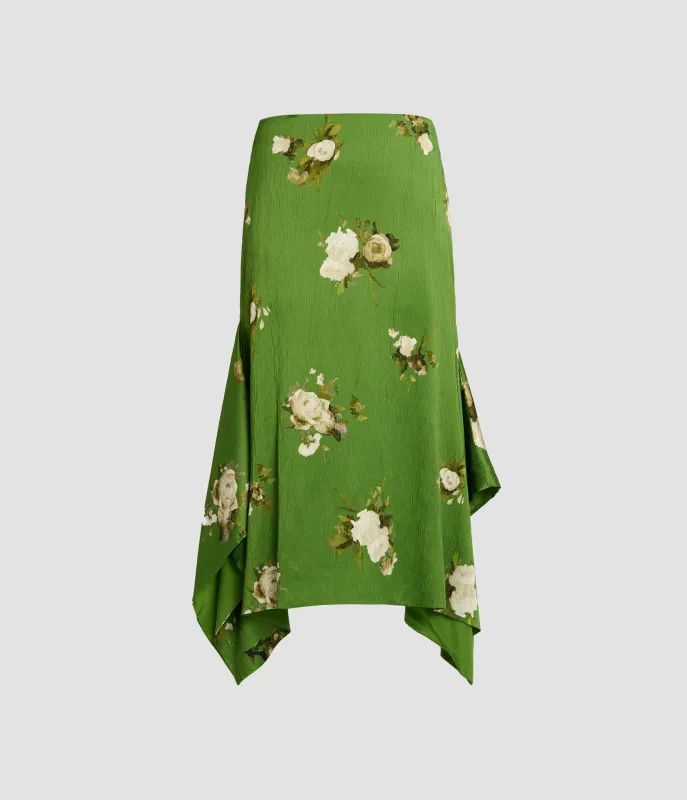 Floral Print Crinkle Satin Draped Midi Skirt sold by ERDEM