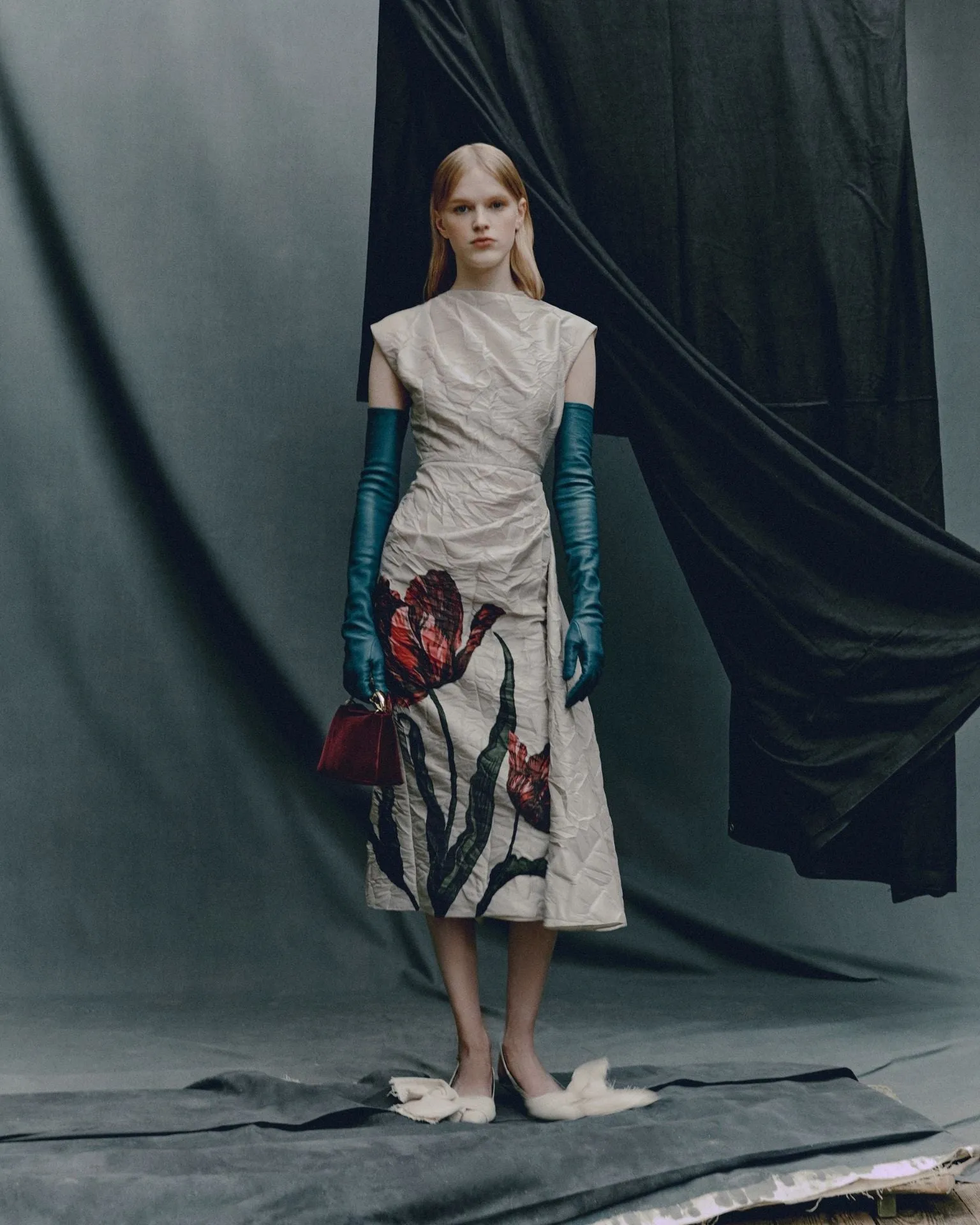 Floral Print Textured Satin Draped Midi Dress sold by ERDEM product image thumbnail 2