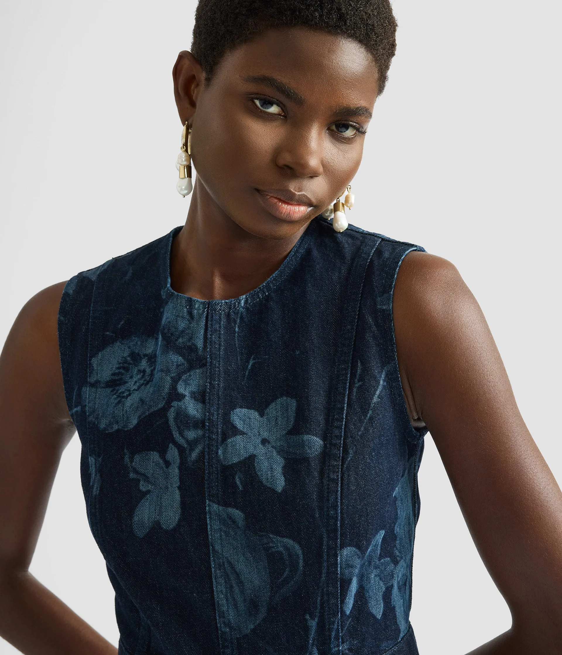 Printed Denim Sleeveless Midi Dress sold by ERDEM product image thumbnail 4