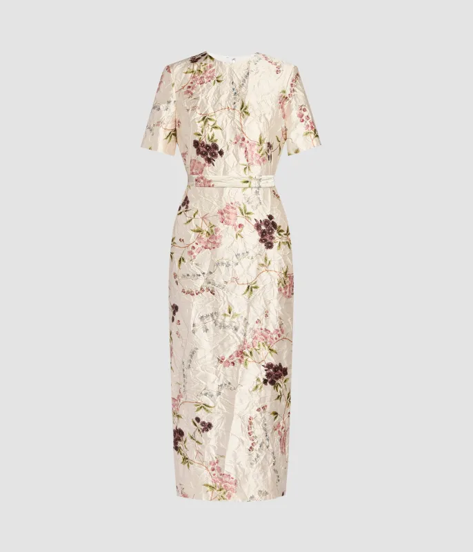 Floral Print Textured Satin Midi Pencil Dress sold by ERDEM