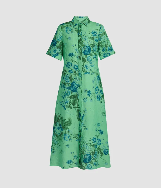 Floral Print Linen Tie-Waist Midi Shirt Dress sold by ERDEM