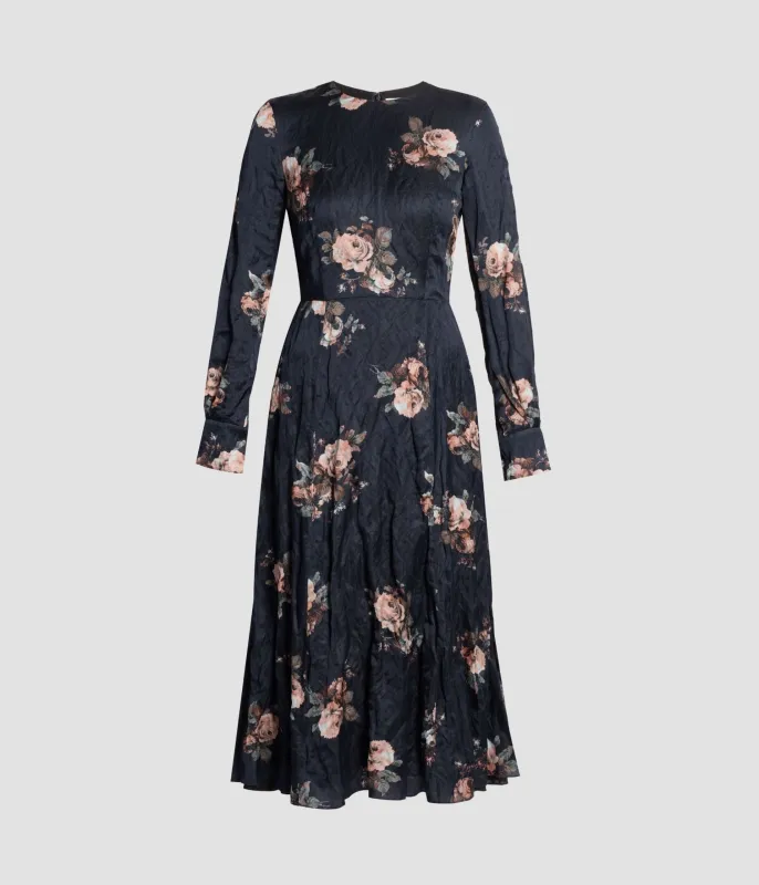 Floral Crushed Satin Long Sleeve Midi Dress sold by ERDEM