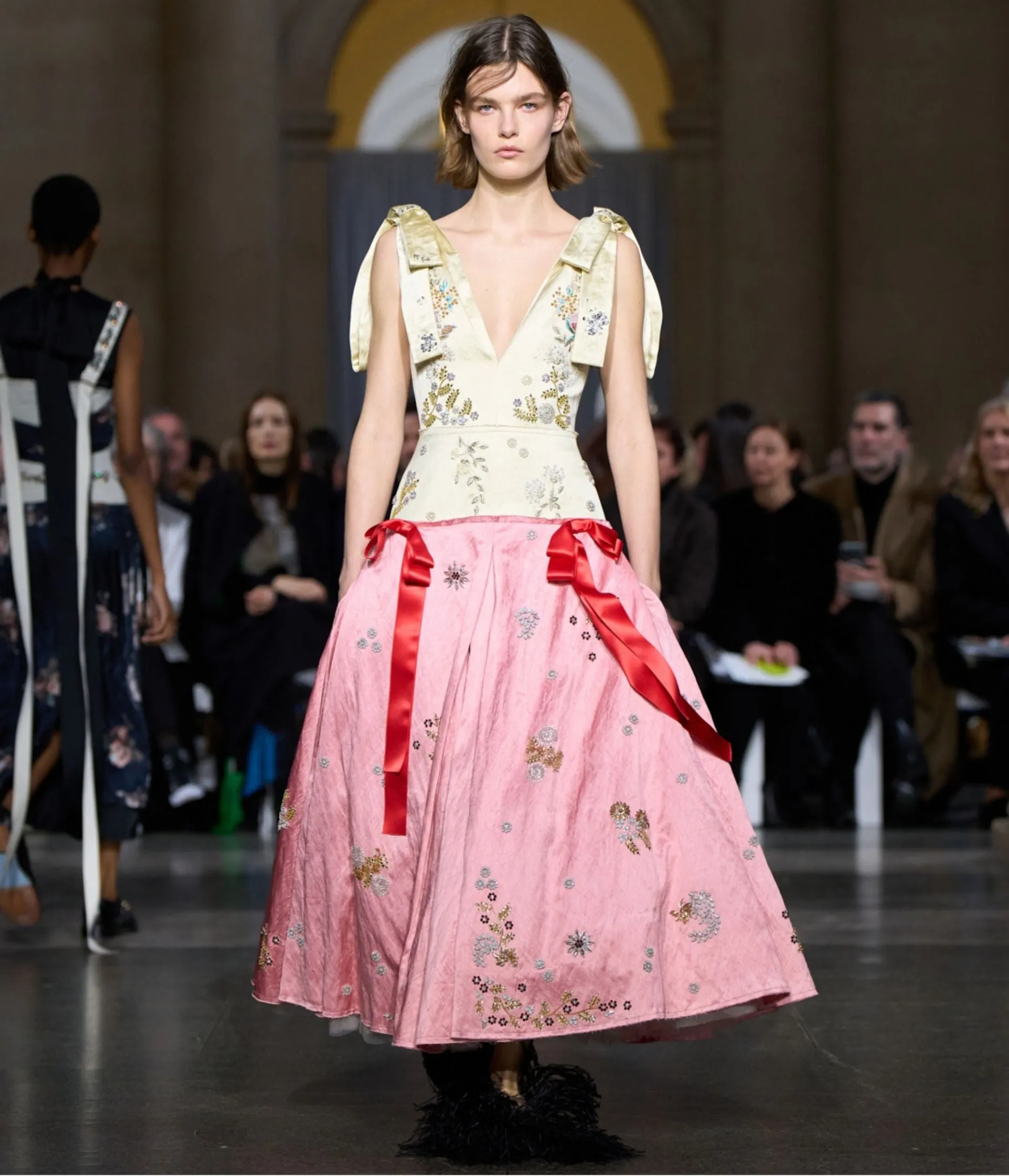 Embroidered Textured Satin Short Sleeve Midi Dress sold by ERDEM product image thumbnail 2