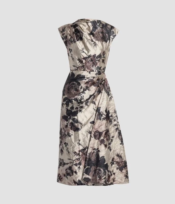 Floral Textured Satin Draped Midi Dress sold by ERDEM