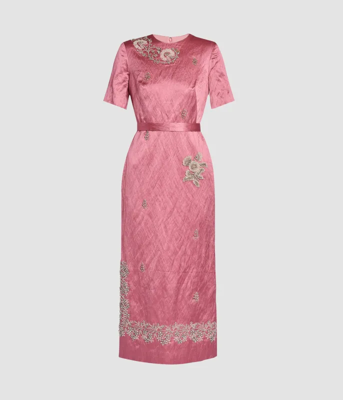 Embellished Textured Satin Midi Pencil Dress sold by ERDEM