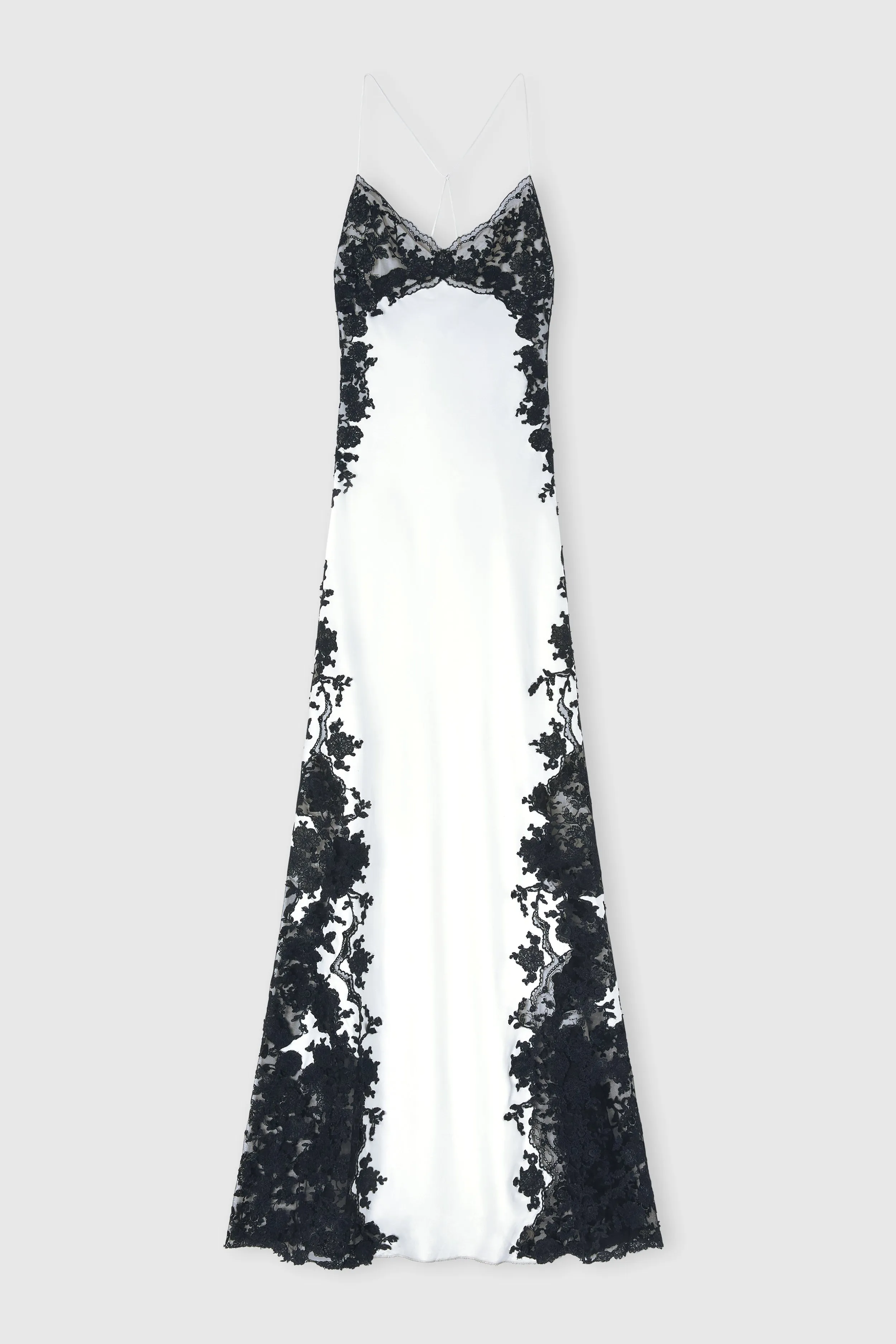 Long lingerie-style dress in pure silk satin with rebrodé lace sold by Ermanno Scervino