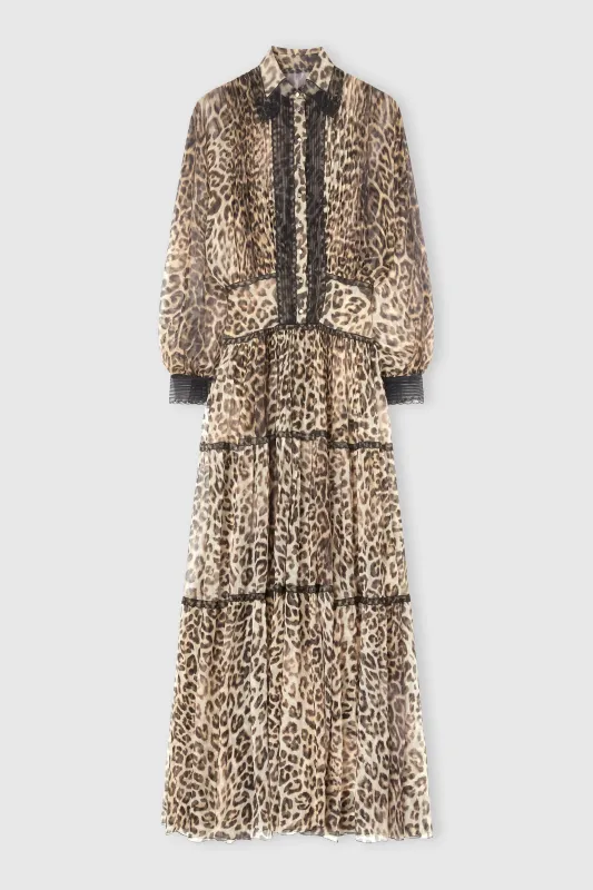 Long shirt dress in pure silk with natural leopard print made by Ermanno Scervino