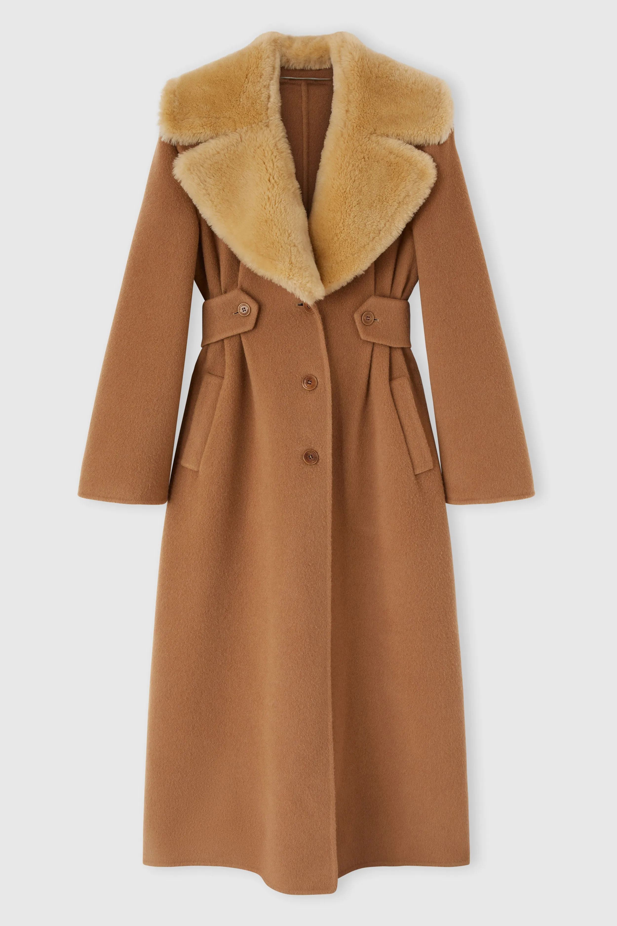 Long oversize coat in a blend of wool, virgin wool, and cashmere with alpaca fur lapel sold by Ermanno Scervino
