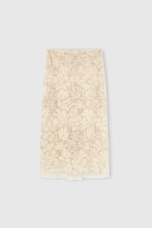 Sheath skirt in fine floral lace with hand-applied crystals made by Ermanno Scervino