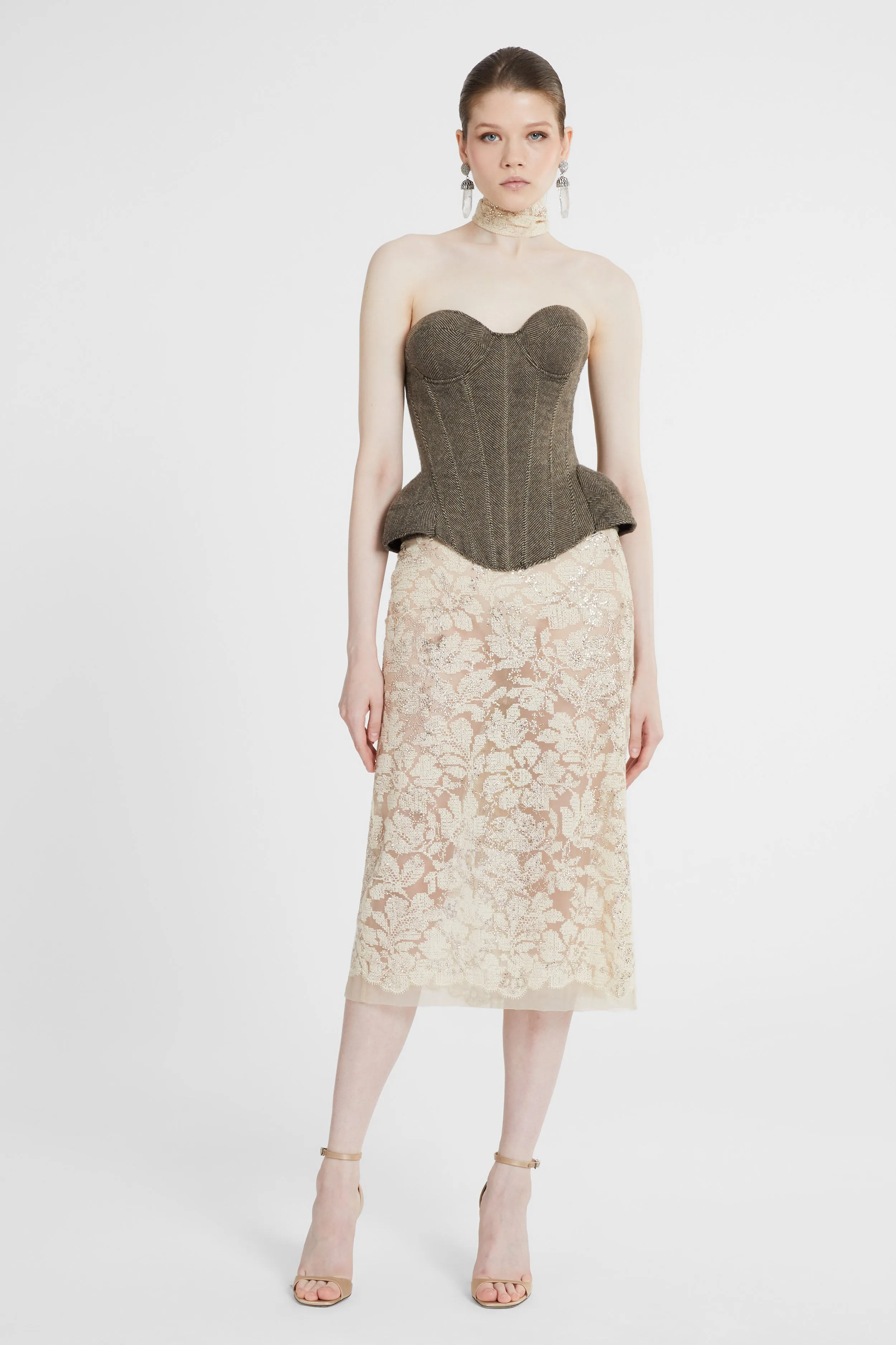 Sheath skirt in fine floral lace with hand-applied crystals sold by Ermanno Scervino product image thumbnail 2