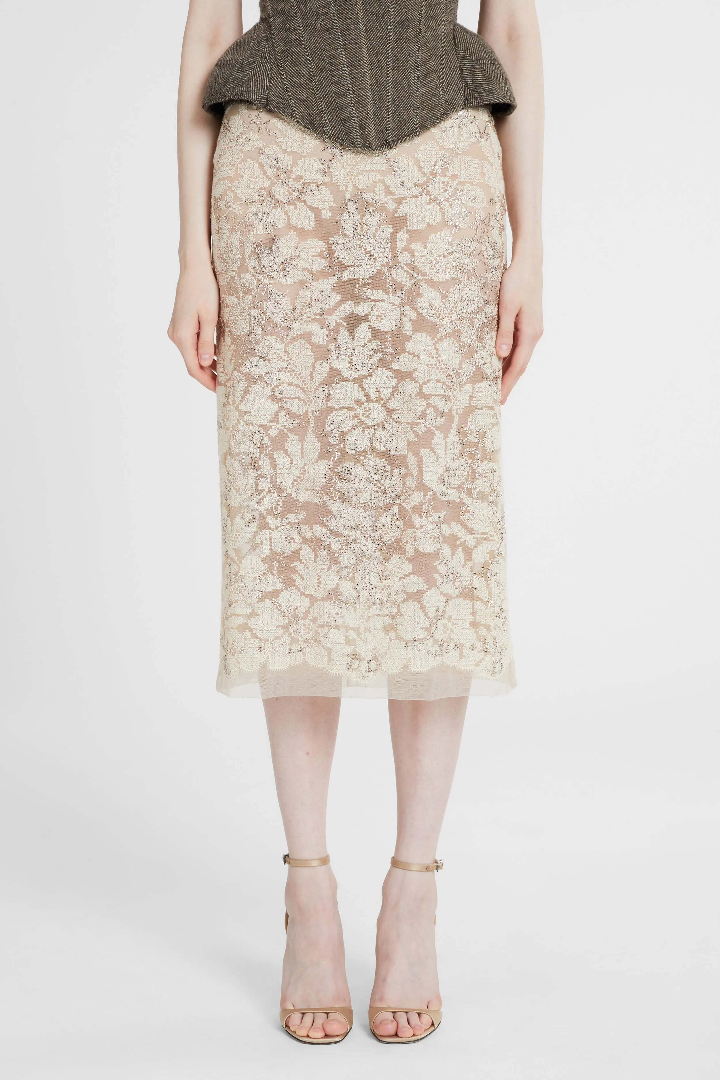 Sheath skirt in fine floral lace with hand-applied crystals sold by Ermanno Scervino product image thumbnail 3