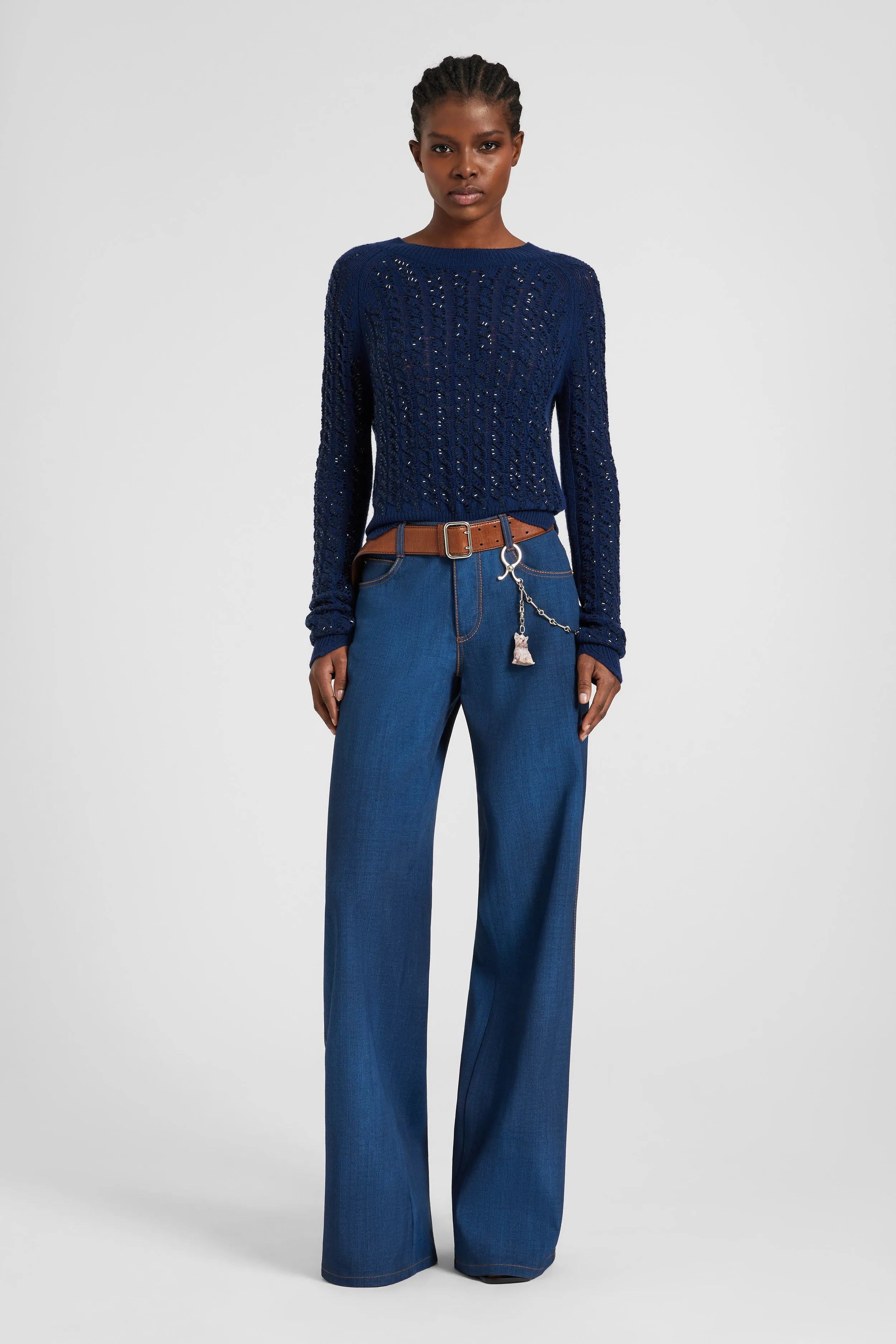 Long-sleeve sweater in virgin wool and cashmere blend with cables and crystals sold by Ermanno Scervino product image thumbnail 2