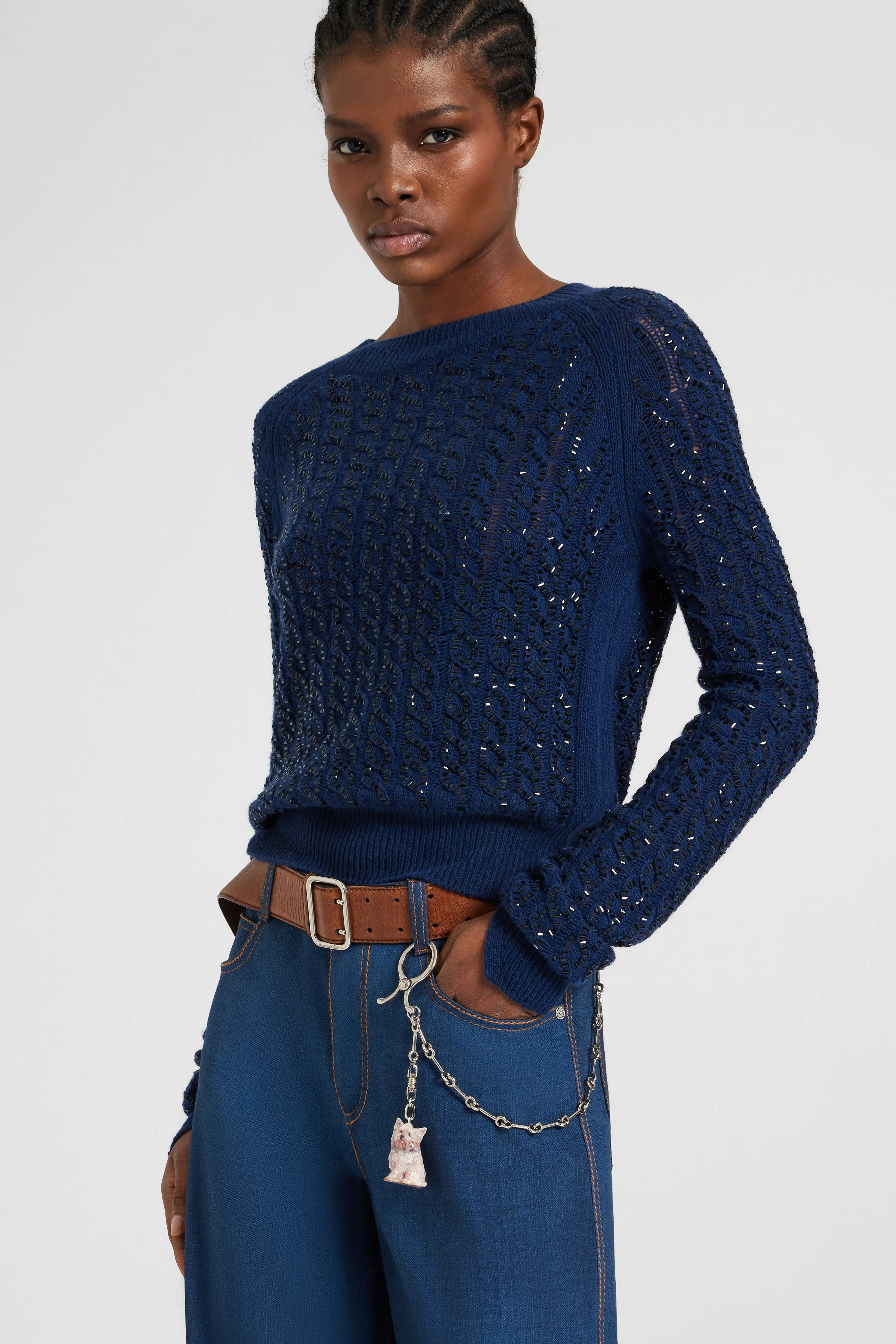 Long-sleeve sweater in virgin wool and cashmere blend with cables and crystals sold by Ermanno Scervino product image thumbnail 3