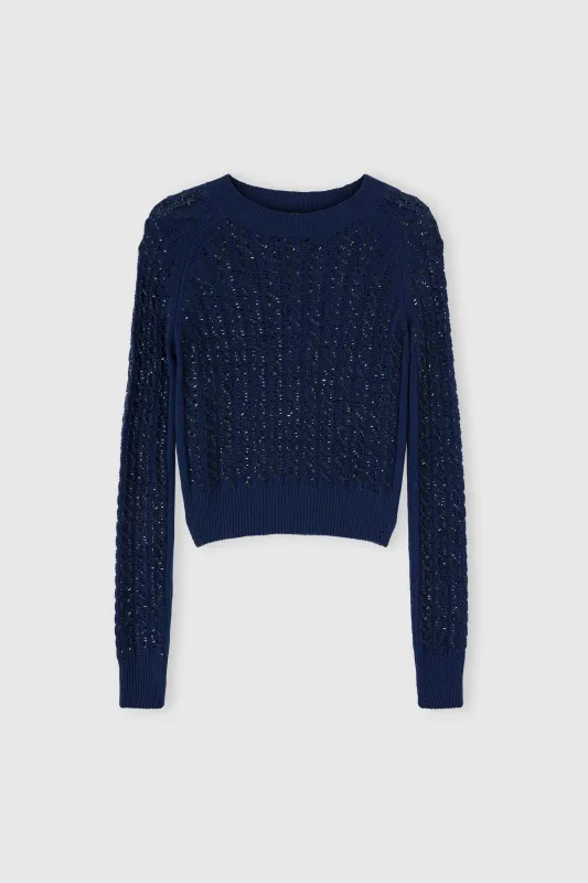 Long-sleeve sweater in virgin wool and cashmere blend with cables and crystals sold by Ermanno Scervino