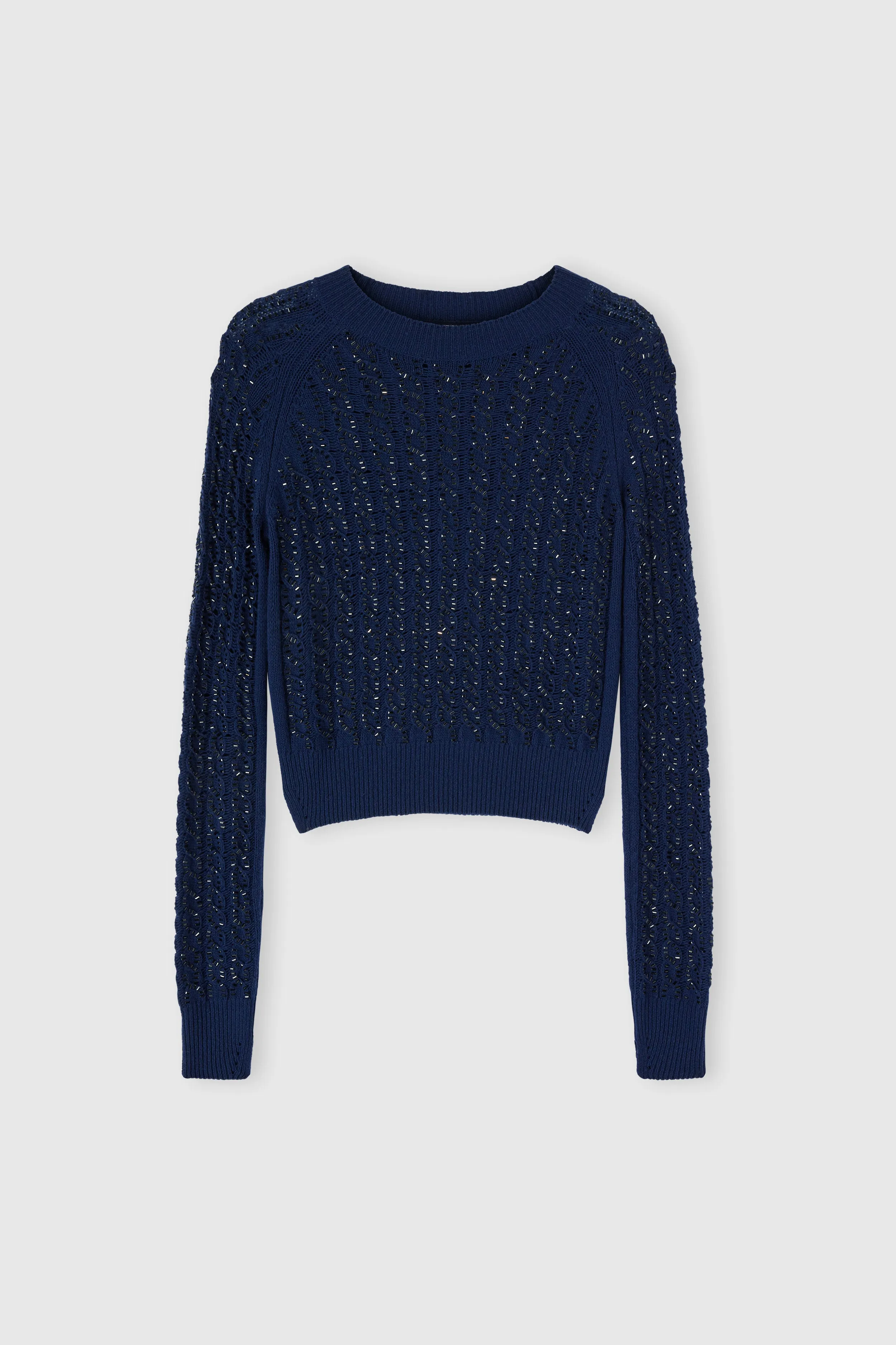 Long-sleeve sweater in virgin wool and cashmere blend with cables and crystals sold by Ermanno Scervino