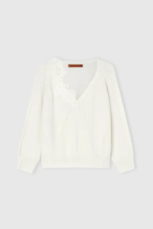 Oversized wool and cashmere sweater with braids and Cornely lace made by Ermanno Scervino