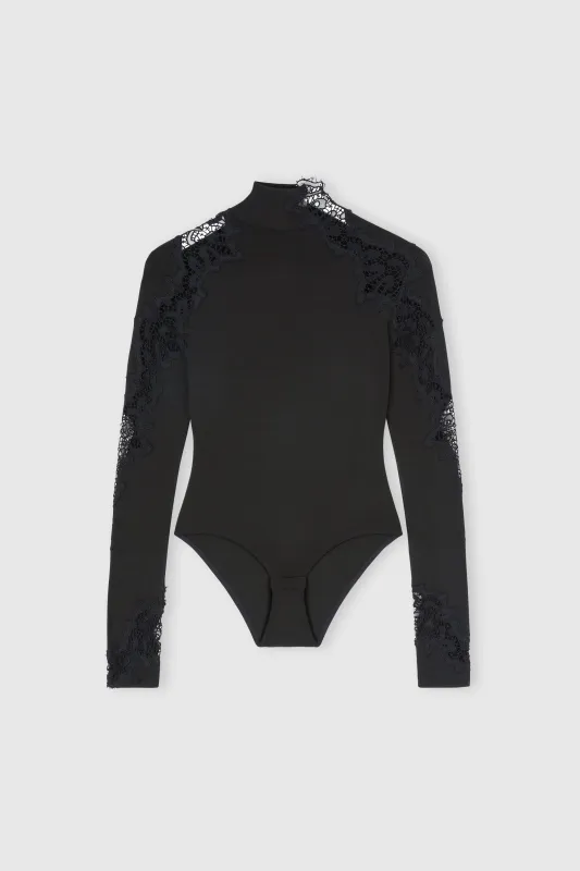 Long-sleeve crepe jersey bodysuit with macramé lace made by Ermanno Scervino