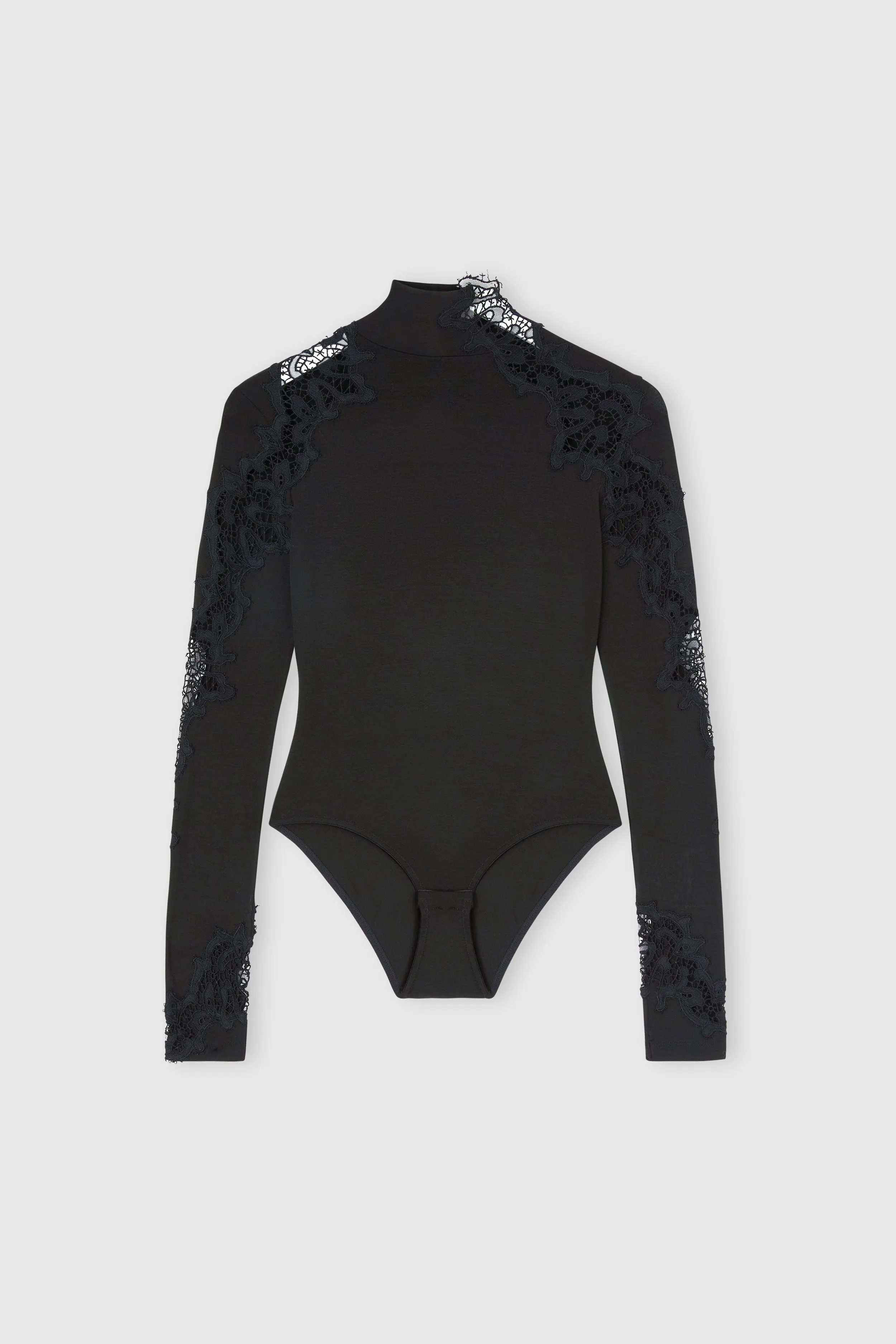 Long-sleeve crepe jersey bodysuit with macramé lace sold by Ermanno Scervino