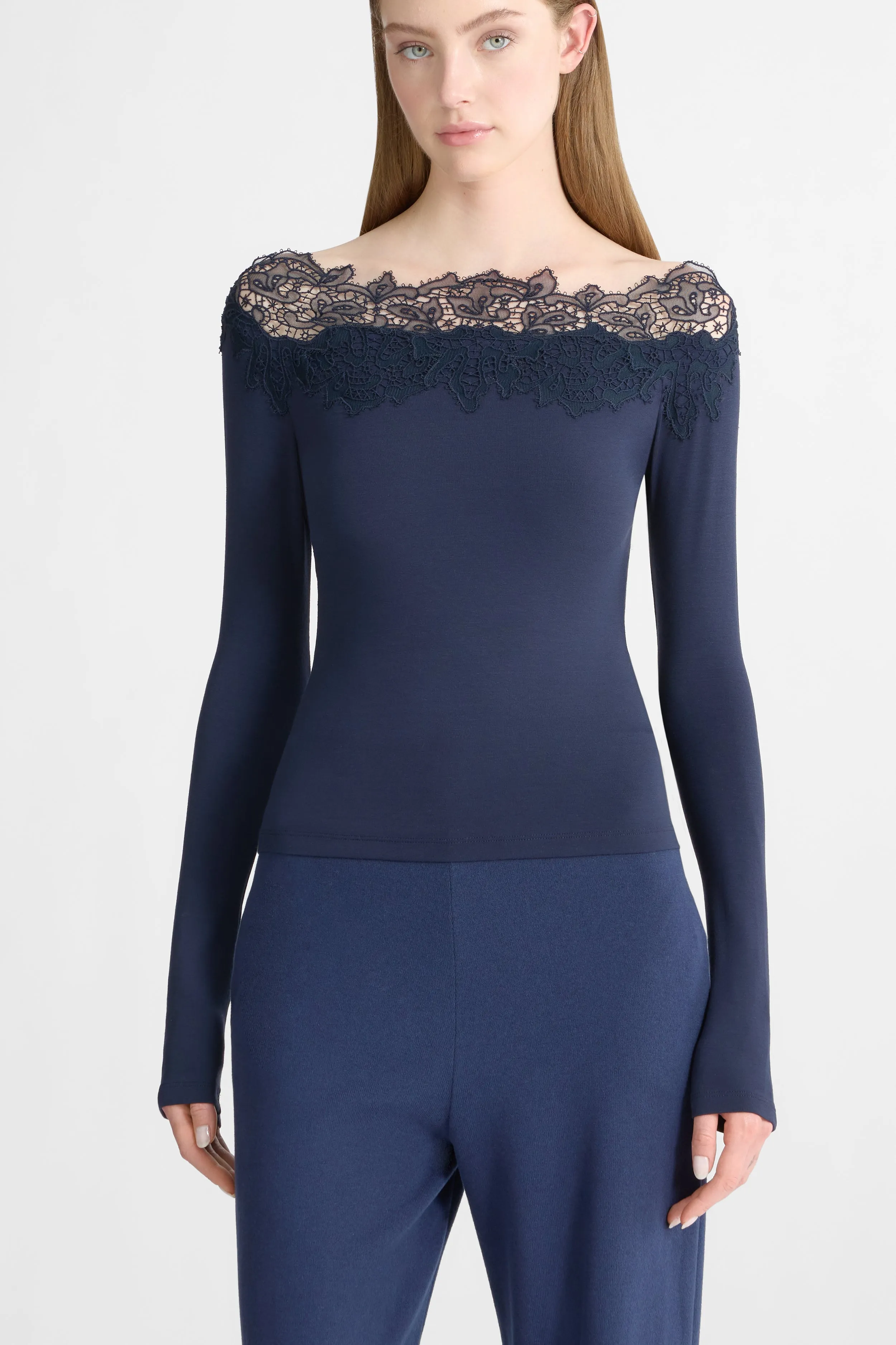 Crêpe jersey top with macramé lace and cut-out tulle inserts sold by Ermanno Scervino product image thumbnail 2
