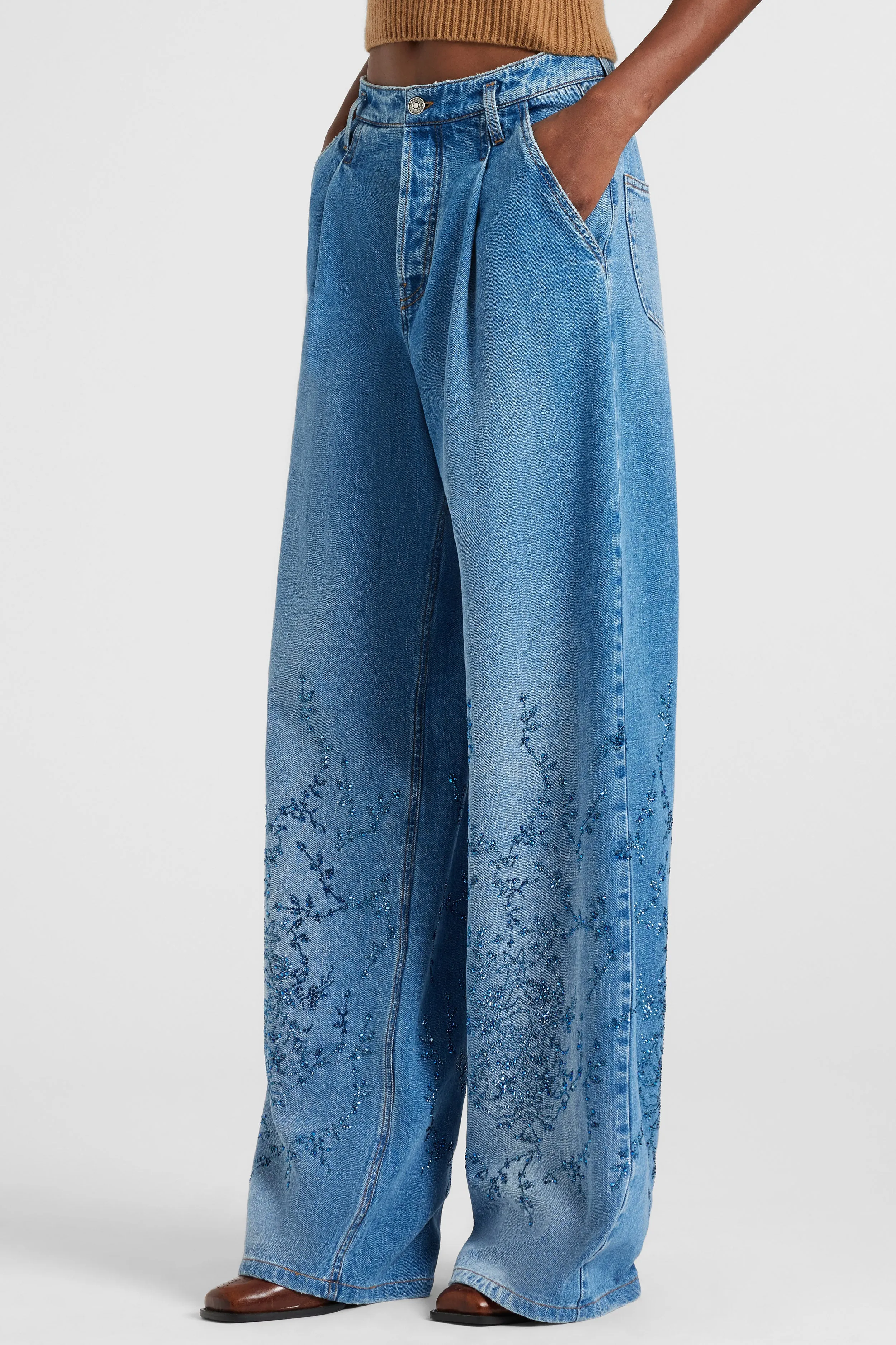 Palazzo jeans with crystal floral embroidery sold by Ermanno Scervino product image thumbnail 3