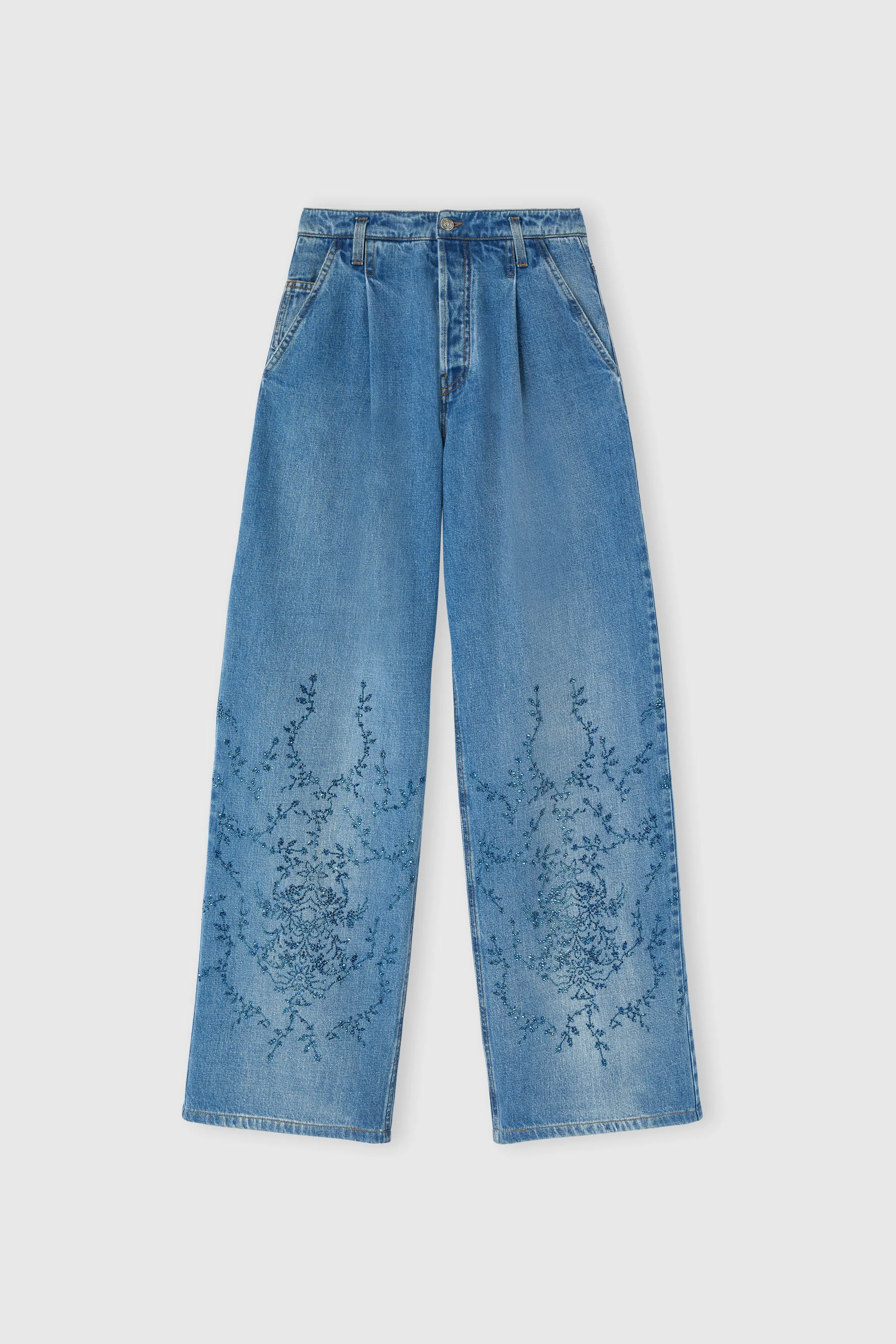 Palazzo jeans with crystal floral embroidery sold by Ermanno Scervino