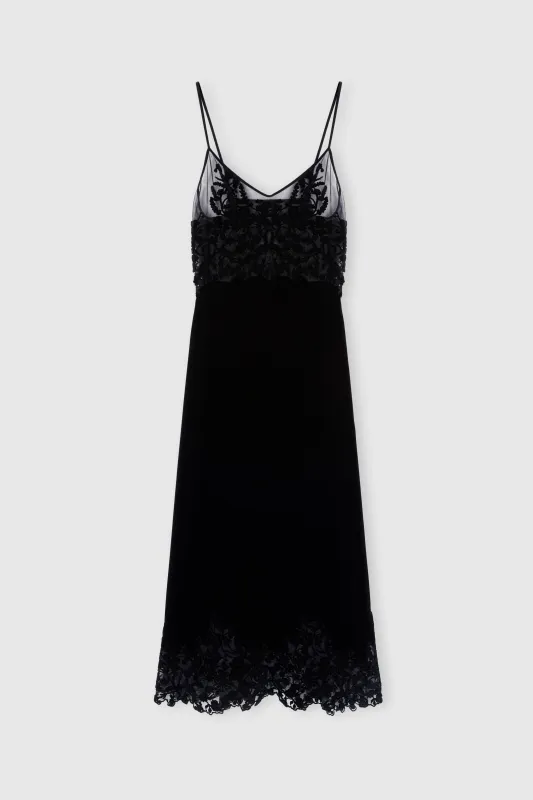Lingerie-style velvet dress in viscose and silk with cutouts and rebrodé lace sold by Ermanno Scervino