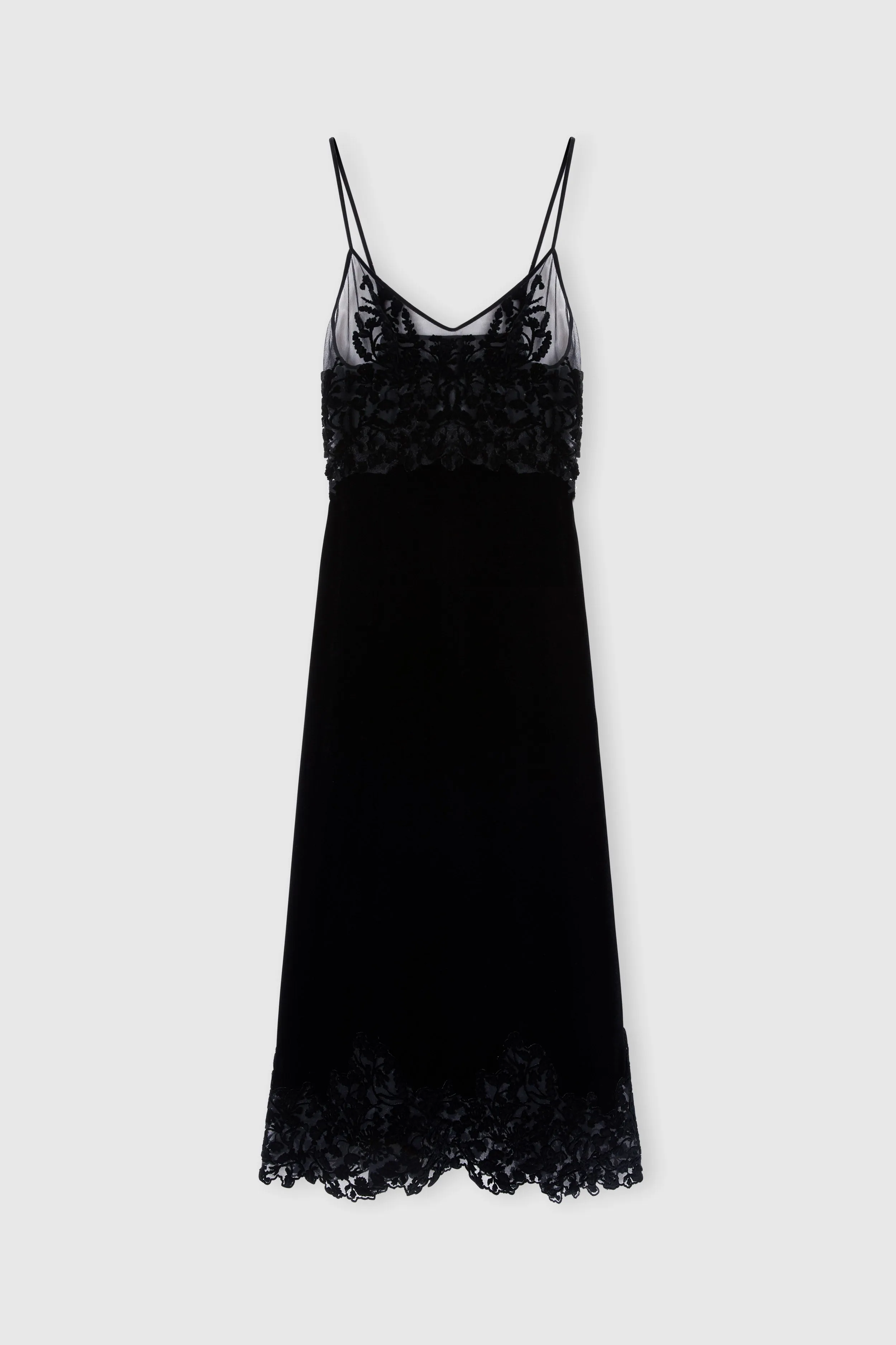Lingerie-style velvet dress in viscose and silk with cutouts and rebrodé lace sold by Ermanno Scervino