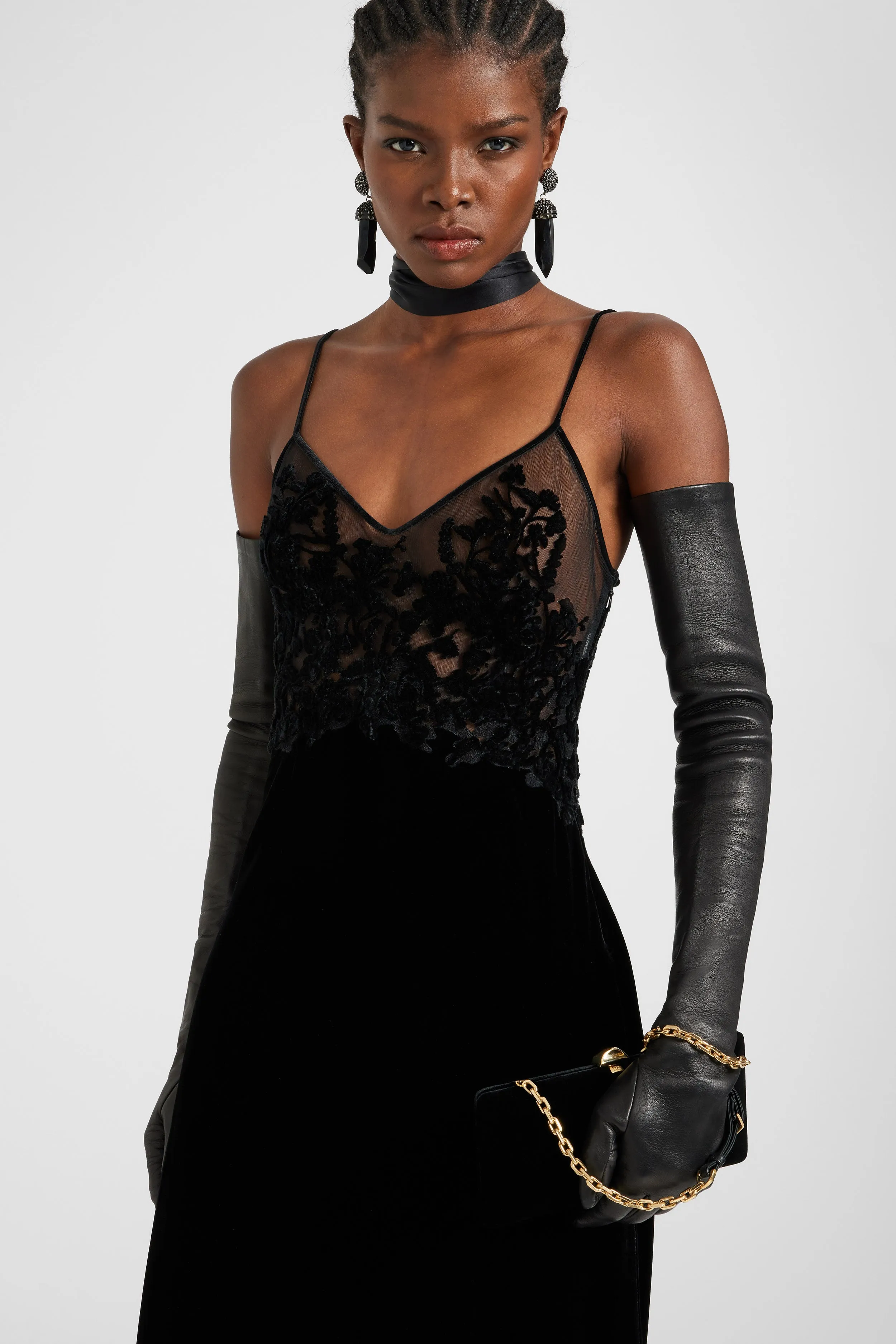 Lingerie-style velvet dress in viscose and silk with cutouts and rebrodé lace sold by Ermanno Scervino product image thumbnail 3