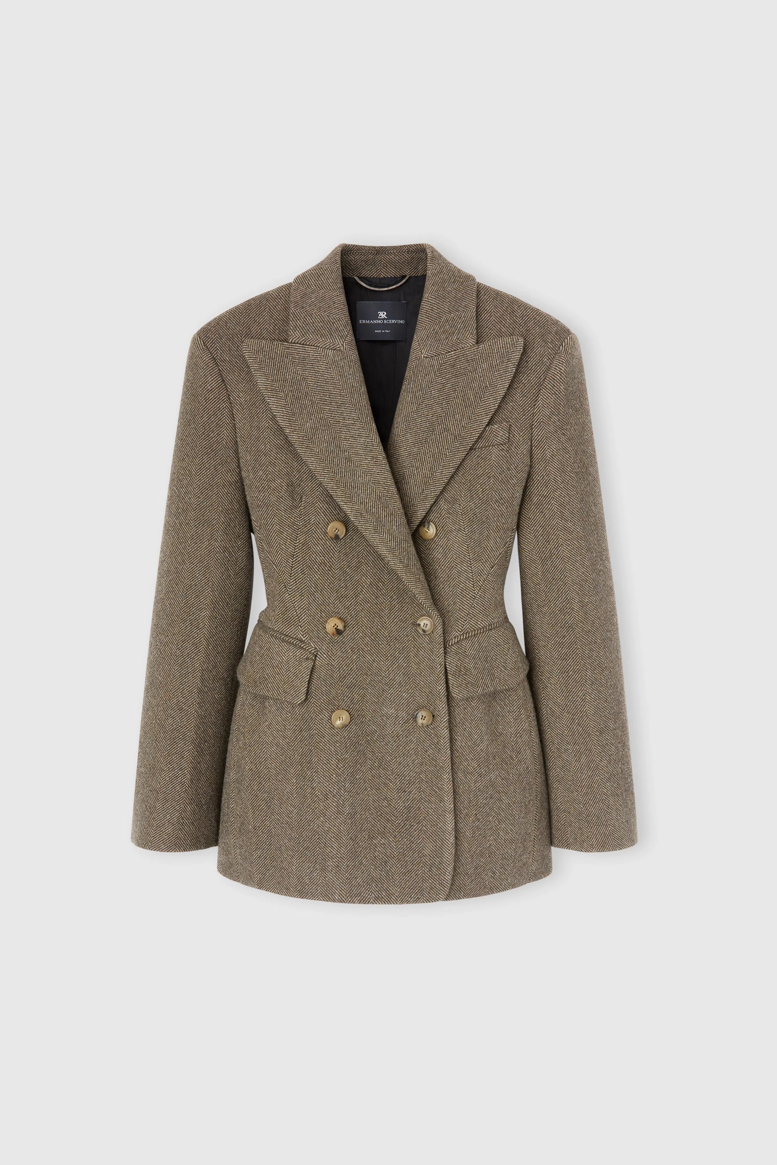 Sculptural double-breasted jacket in wool, silk and cashmere sold by Ermanno Scervino