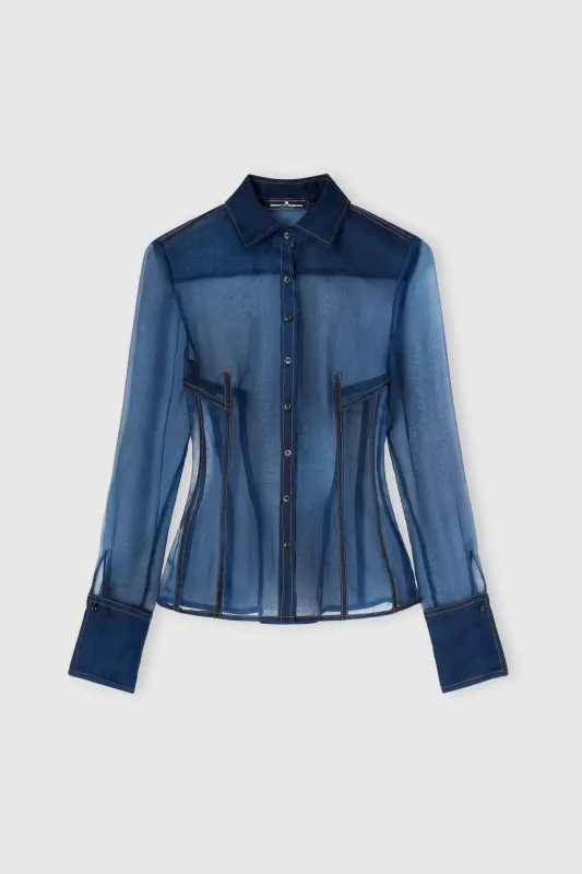 Silk organza shirt with denim print sold by Ermanno Scervino