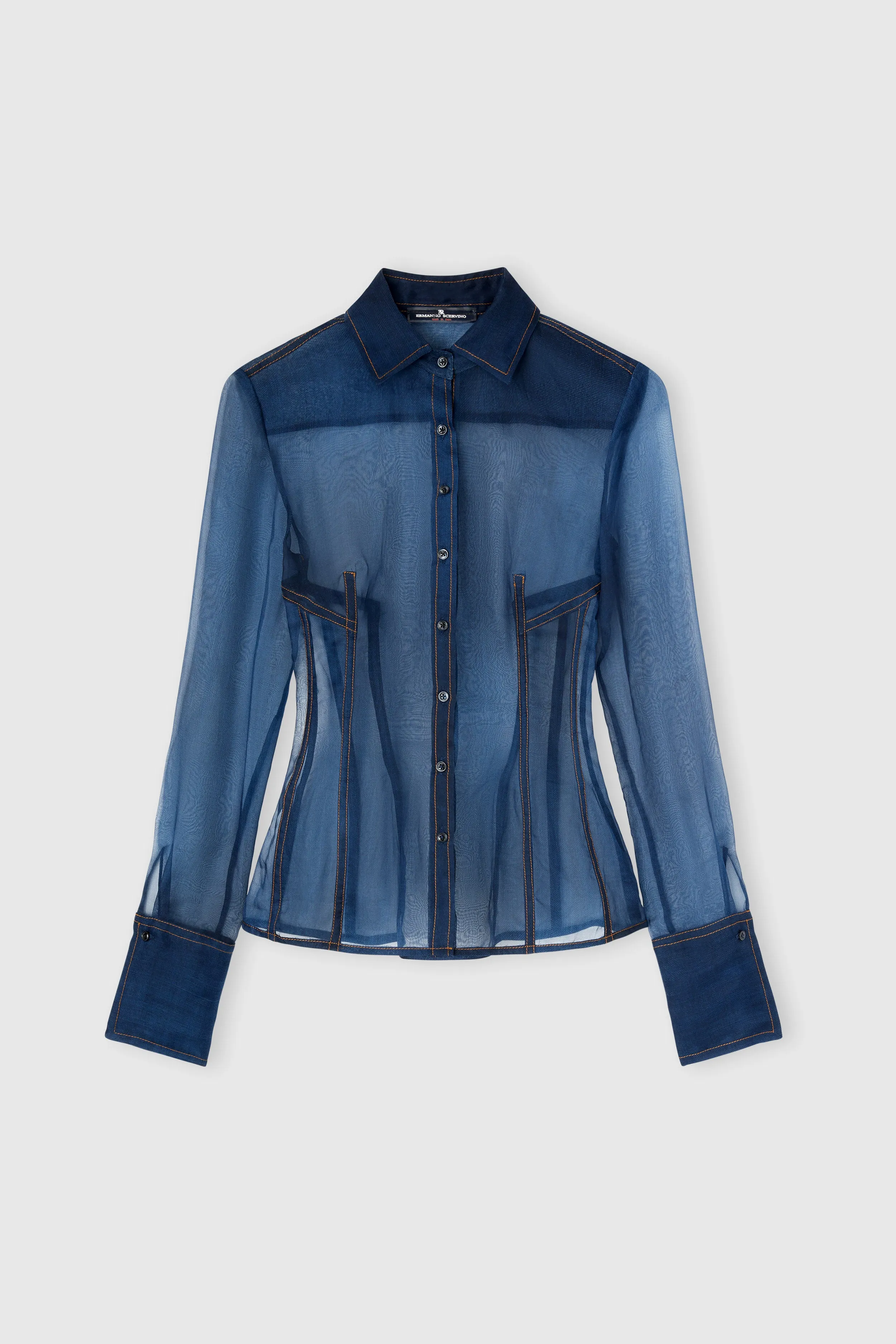 Silk organza shirt with denim print sold by Ermanno Scervino
