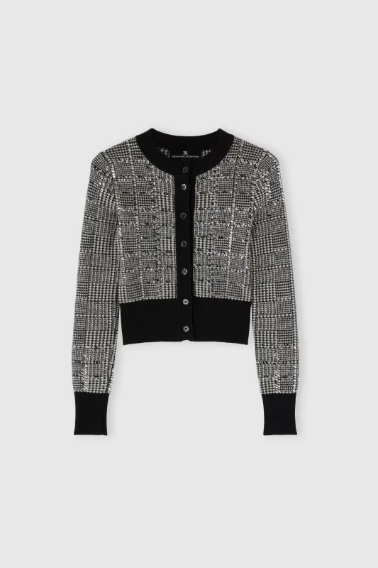 Jacquard wool cardigan with pied de poule pattern and crystals made by Ermanno Scervino