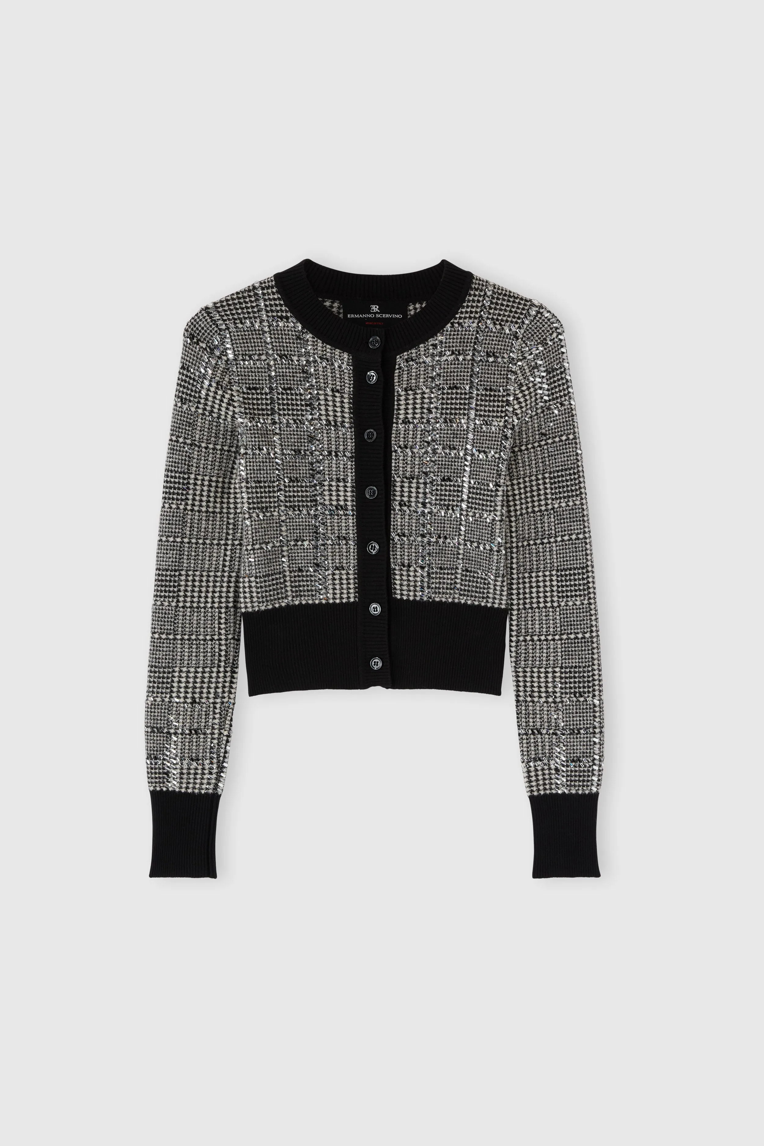 Jacquard wool cardigan with pied de poule pattern and crystals sold by Ermanno Scervino