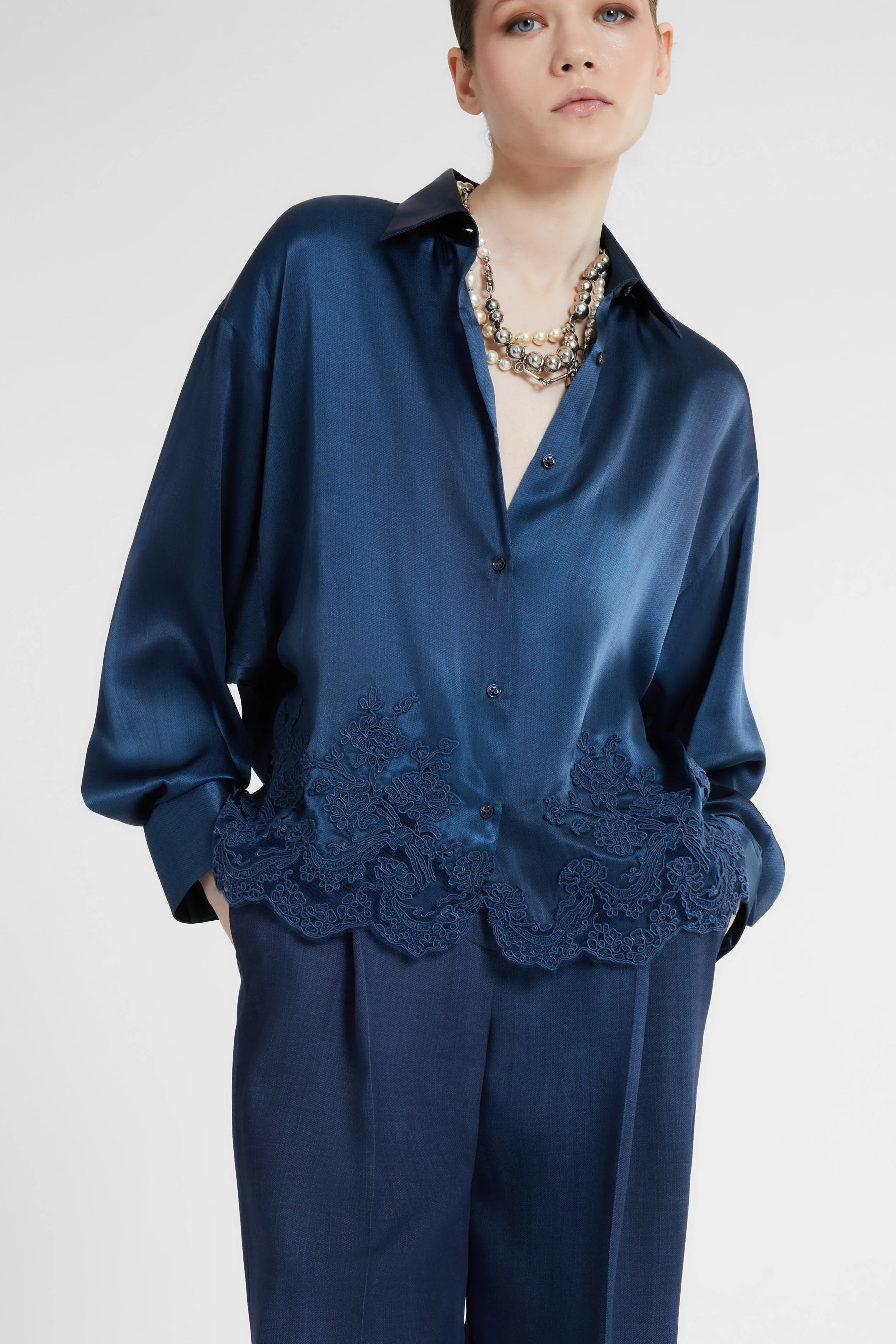 Pure silk shirt with jeans print and lace motif sold by Ermanno Scervino product image thumbnail 2