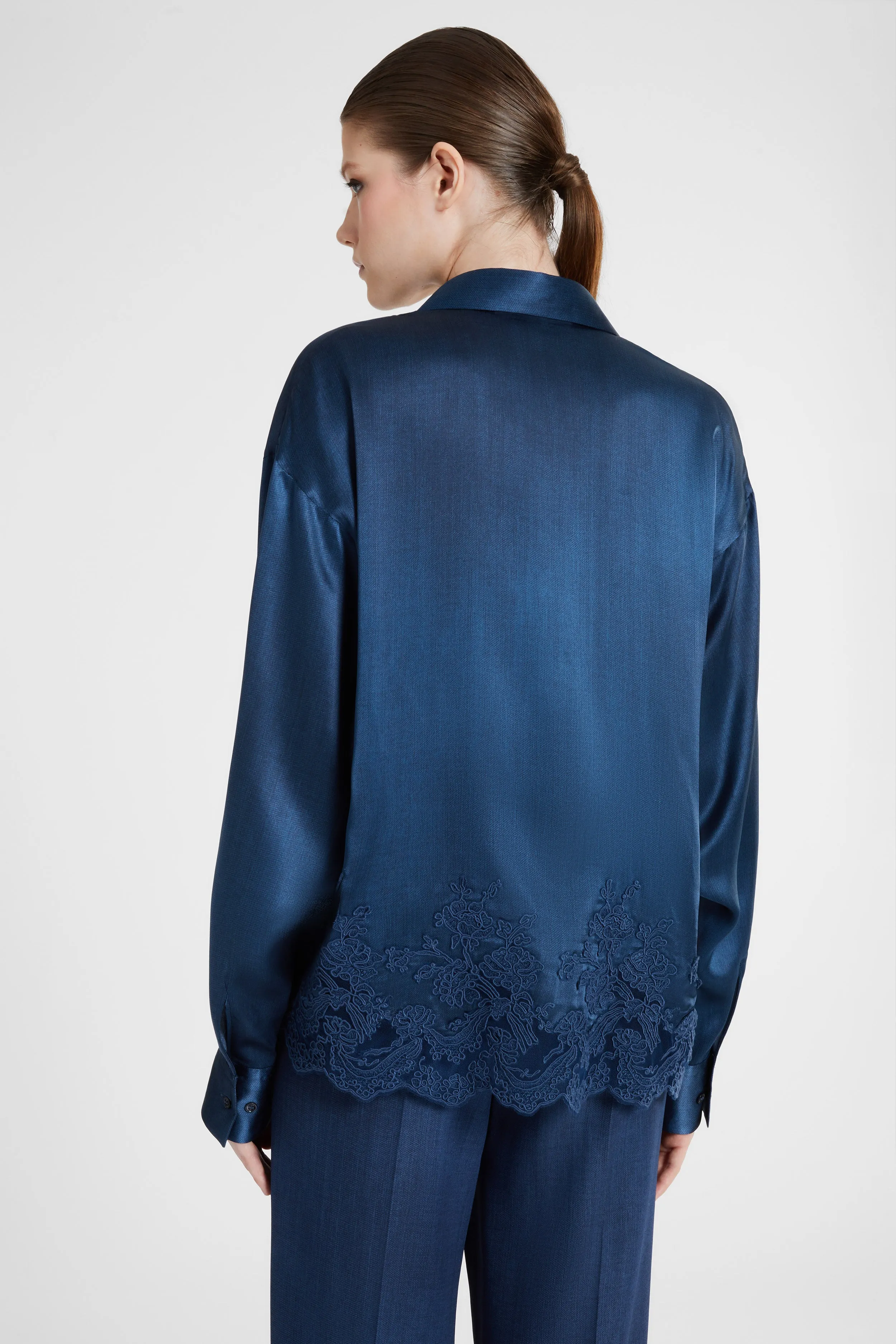 Pure silk shirt with jeans print and lace motif sold by Ermanno Scervino product image thumbnail 5