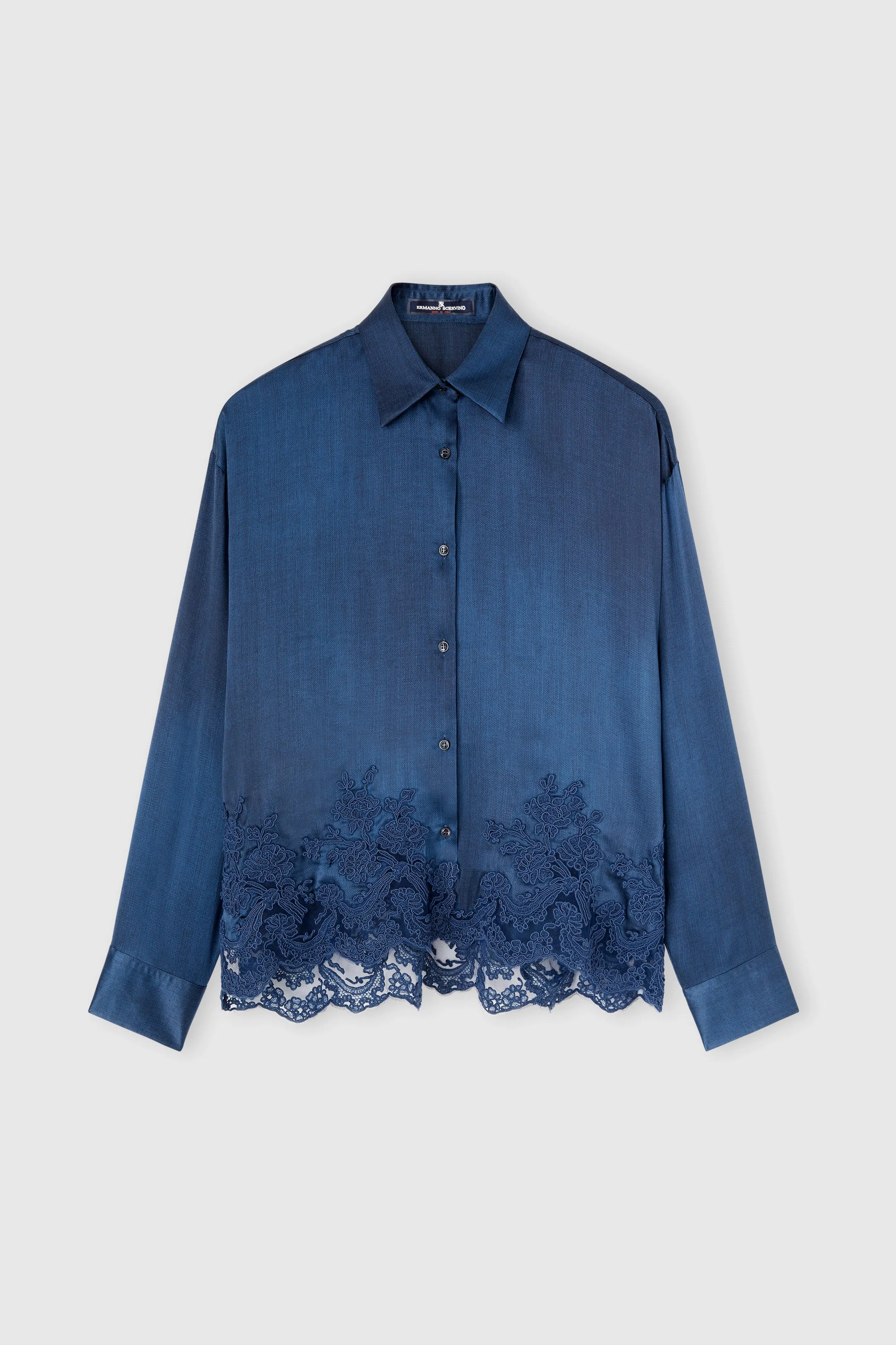 Pure silk shirt with jeans print and lace motif sold by Ermanno Scervino